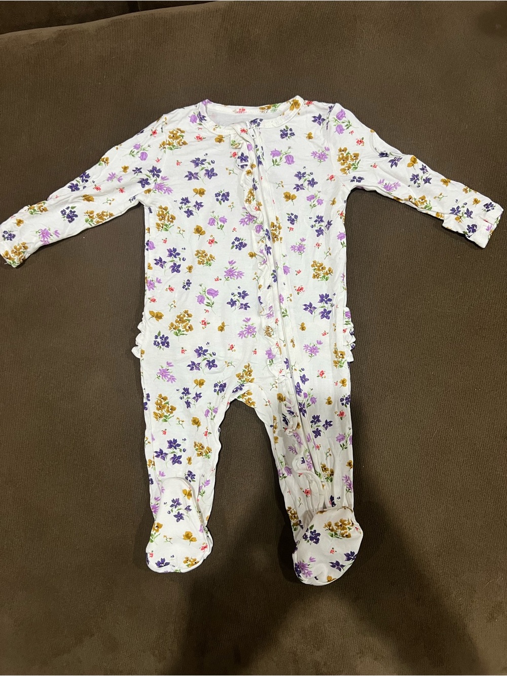 Angel Dear Bamboo Floral Footed One-Piece - White with Purple & Gold Flowers